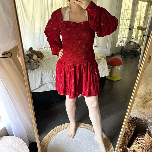 Free People Women’s Medium Red Two Faces Longsleeve Mini Dress - Picture 1 of 7